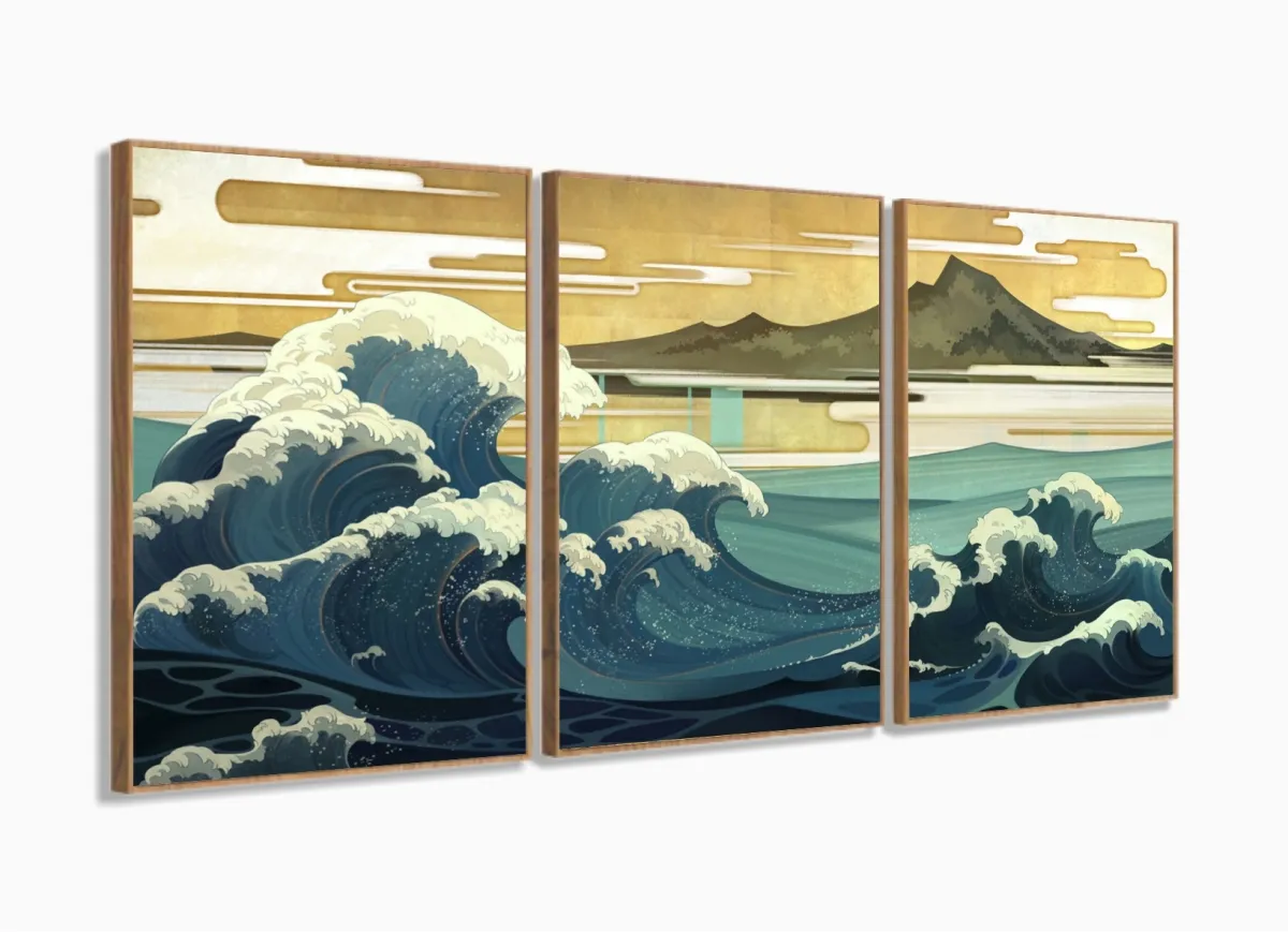 Quadro Decorativo Ondas Japão 120x60 3 peças com moldura filete Imagem