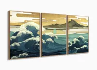 Quadro Decorativo Ondas Japão 120x60 3 peças com moldura filete
