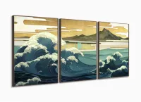 Quadro Decorativo Ondas Japão 120x60 3 peças com moldura filete - Foto 2