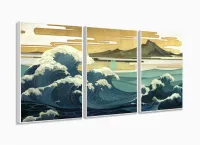 Quadro Decorativo Ondas Japão 120x60 3 peças com moldura filete - Foto 4