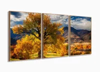 Quadro Decorativo Paisagem Árvore Amarela 3 Peças 120x60 em tecido com moldura filete