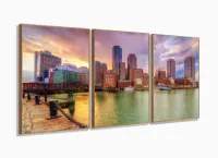 Quadro Decorativo Paisagem Boston Em Tecido 3 Peças com moldura filete