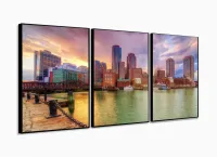 Quadro Decorativo Paisagem Boston Em Tecido 3 Peças com moldura filete - Foto 3