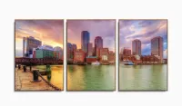 Quadro Decorativo Paisagem Boston Em Tecido 3 Peças com moldura filete - Foto 6