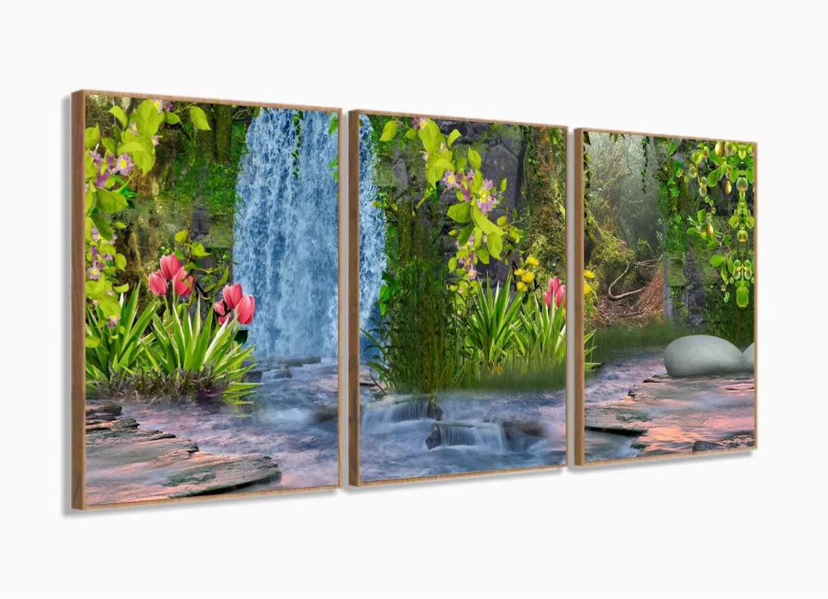 Quadro Decorativo Paisagem Cachoeira - Artístico - Tela Em Tecido com moldura filete Imagem