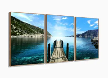 Quadro Decorativo Paisagem Ponte 120x60 3 peças em tecido com moldura filete
