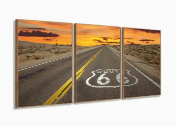 Quadro Decorativo Paisagem Rota 66 Mosaico Em Tecido 3 Peças 120x60 com moldura filete
