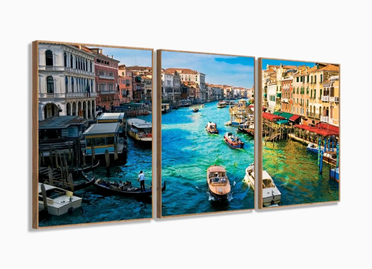 Quadro Decorativo Paisagem Veneza Escritório Tecido 120x60 3 peças com moldura filete Imagem