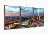 Quadro Decorativo Paris Paisagem Em Tecido 3 Peças com moldura filete