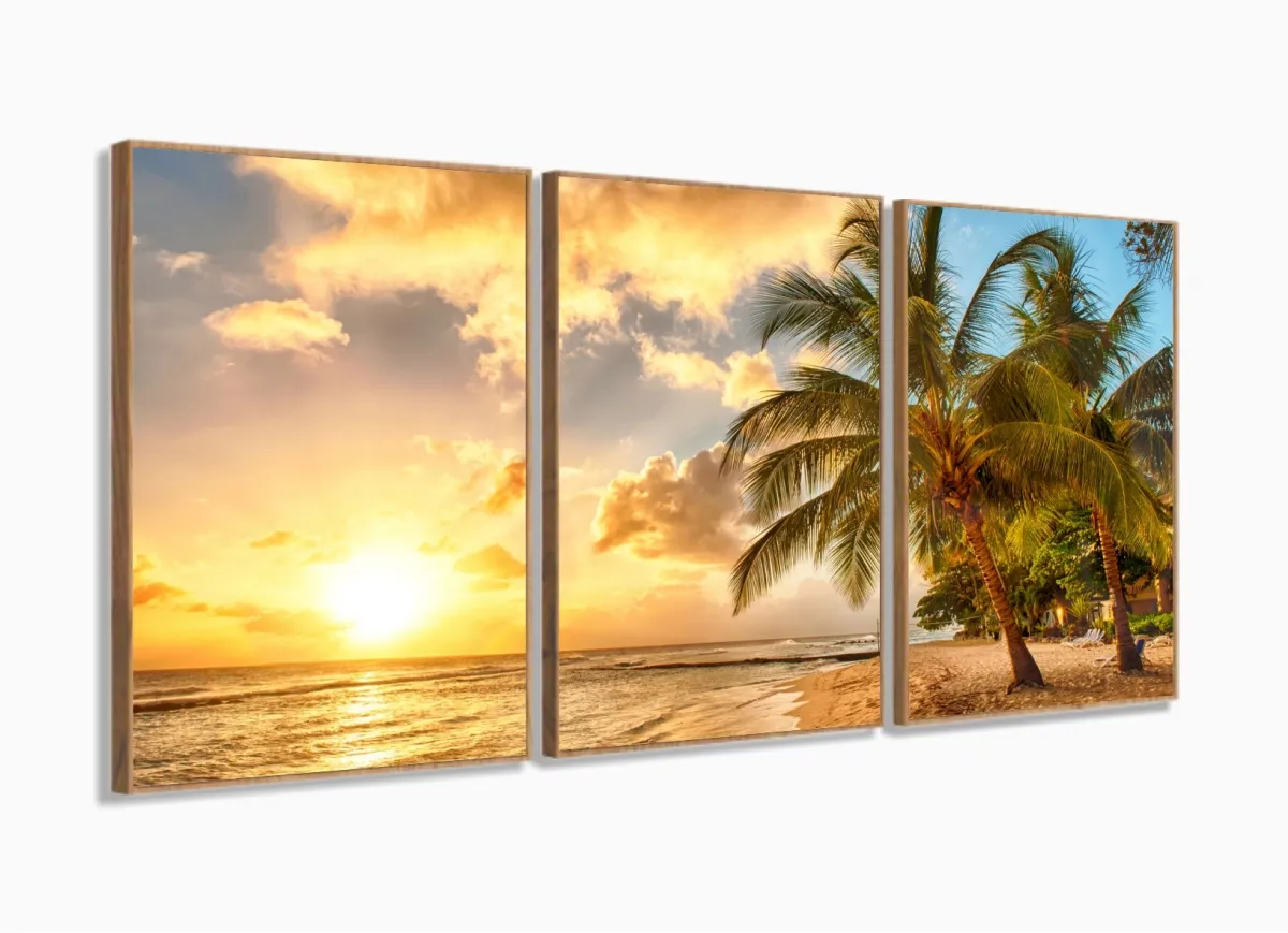 Quadro Decorativo peças Praia Sol Mar 3 peças 120x60 Sala quarto com moldura filete Imagem