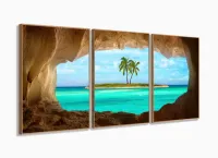 Quadro Decorativo Praia Ilha Azul 120x60 3 peças  em tecido com moldura filete