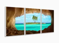 Quadro Decorativo Praia Ilha Azul 120x60 3 peças  em tecido com moldura filete - Foto 4