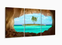Quadro Decorativo Praia Ilha Azul 120x60 3 peças  em tecido com moldura filete - Foto 5