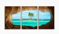 Quadro Decorativo Praia Ilha Azul 120x60 3 peças  em tecido com moldura filete - Foto 6