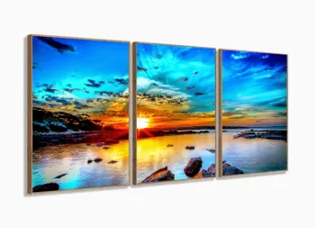 Quadro Decorativo Praia Mar 3 partes 120x60 em tecido com moldura filete
