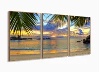 Quadro Decorativo Praia Mar Areia 3 pç 120x60 tecido com moldura filete