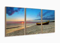 Quadro Decorativo Praia Mar Barco 120x60 em tecido com moldura filete