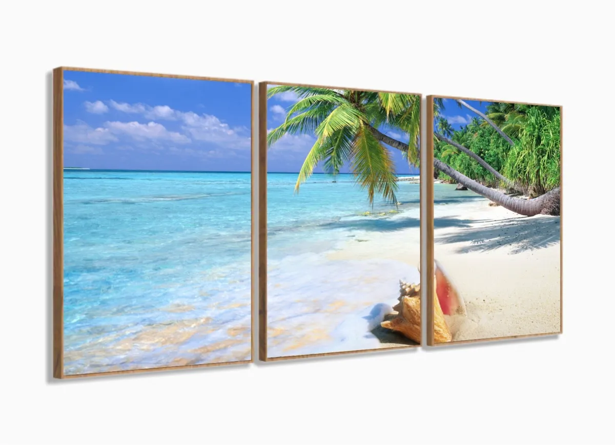 Quadro Decorativo Praia Mar Concha 120x60 em tecido com moldura filete Imagem