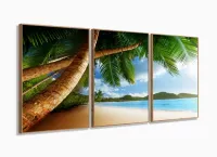 Quadro Decorativo Praia Mar Coqueiro 120x60 em tecido 3 peças com moldura filete