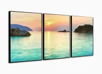 Quadro Decorativo Praia Por Do Sol Azul Hd 120x60 3 peças com moldura filete - Foto 3
