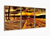Quadro Decorativo Praia Sala Quarto Areia 120x60 3 pç com moldura filete