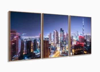 Quadro Decorativo Prédios Cidade Dubai Vista Noturna 3 peças com moldura filete