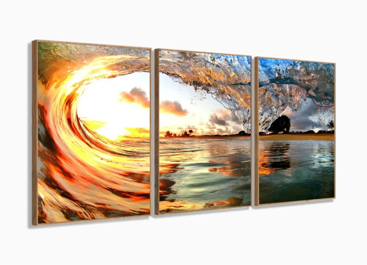 Quadro Decorativo Sala  Praia Mar Onda 120x60 3 peças com moldura filete Imagem