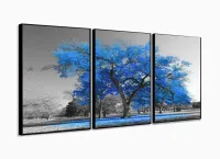 Quadro Decorativo Sala Quarto Árvore Grande Azul 120x60 3 peças com moldura filete - Foto 3