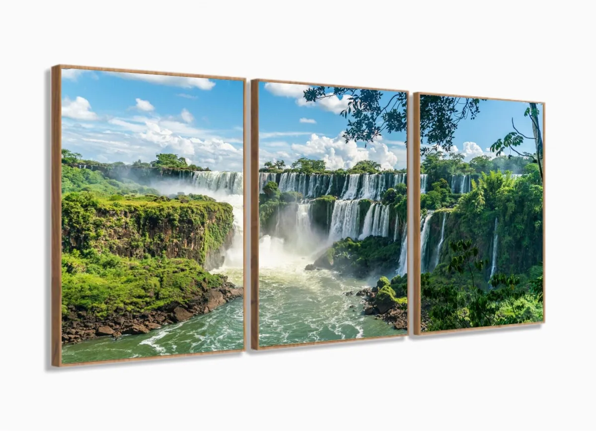 Quadro Decorativo Sala Quarto Escritório Paisagem Cachoeira 120x60 3 peças com moldura filete Imagem