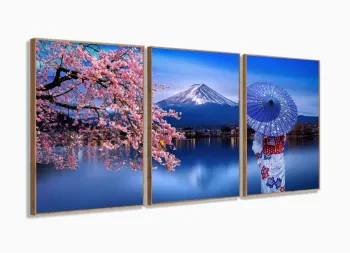 Quadro Decorativo Sala Quarto Escritório Paisagem Monte Fuji 120x60 com moldura filete