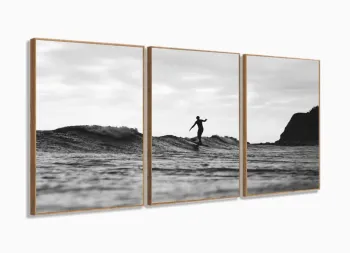 Quadro Decorativo Surfing Praia Onda 120x60 3 peças com moldura filete