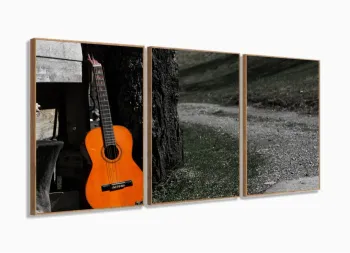Quadro Decorativo Violão Paisagem Múscia Em Tecido 3 Peças m com moldura filete