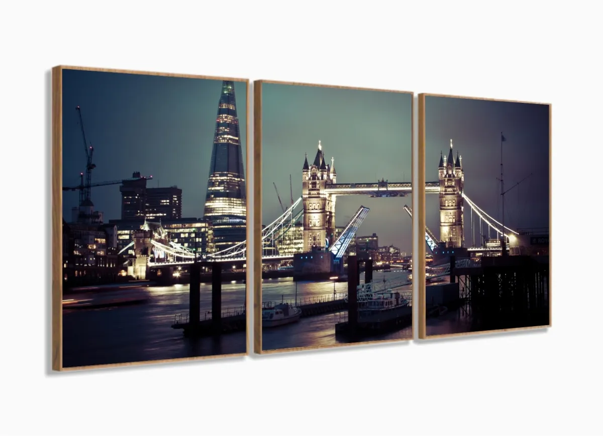Quadro em Tecido Decorativo Cidade Londres Tower Bridge 3 peças 120x60 cm com moldura filete Imagem