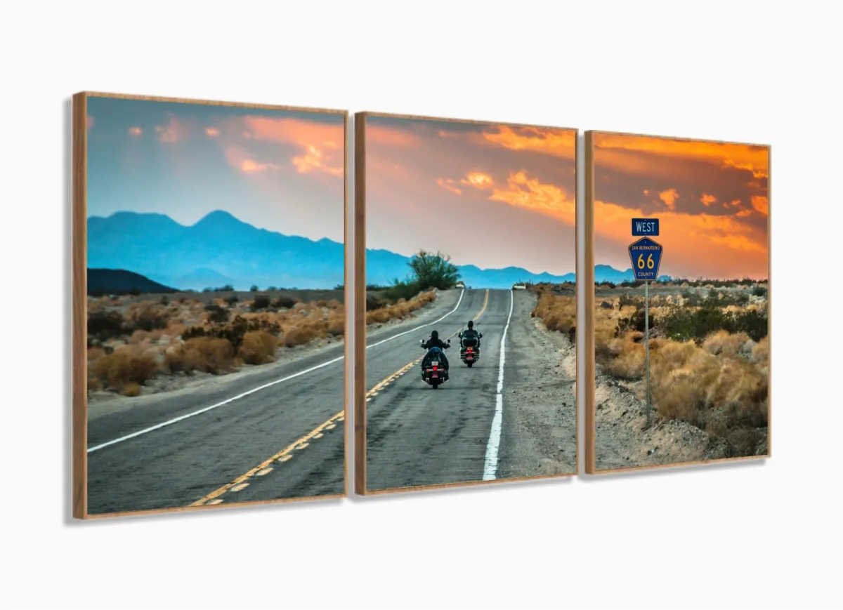 Quadro Estrada Rota 66 Paisagem Sala Em Tecido 3 Peças 125x60 com moldura filete Imagem