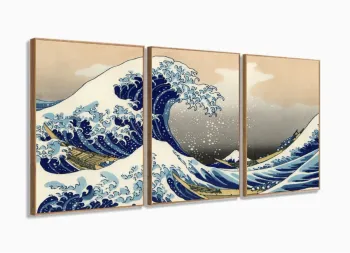 Quadro Hokusai A Grande Onda de Kanagawa Mosaico 3 peças 125x60 com moldura filete