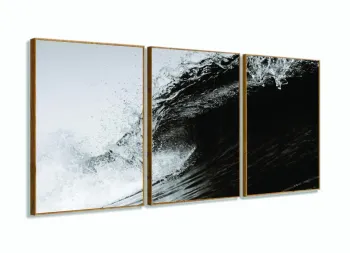 Quadro Mosaico Onda Do Mar Arte Em Preto E Branco Surf 120x60 com moldura filete