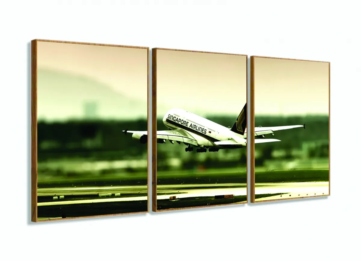 Quadro Paisagem Avião Decolando Mosaico Em Tecido 3 Peças com moldura filete Imagem