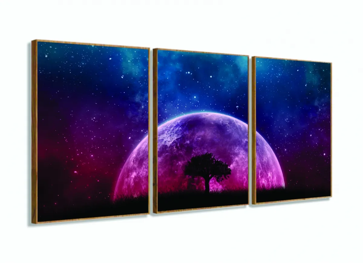 Quadro Paisagem Da Lua Sala Escritório Em Tecido 3 Peças com moldura filete Imagem