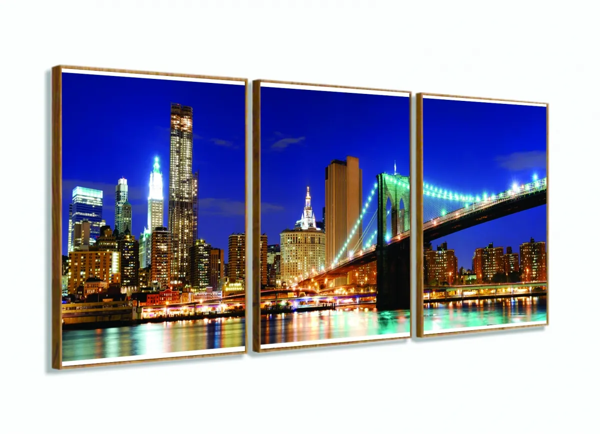 Quadro Paisagem De Nova York Vista Da Ponte Brooklyn 3 peças com moldura filete Imagem