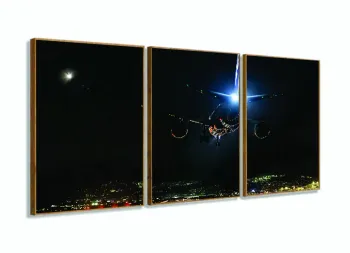 Quadro Paisagem Noturna Avião Mosaico Em Tecido 3 Peças com moldura filete