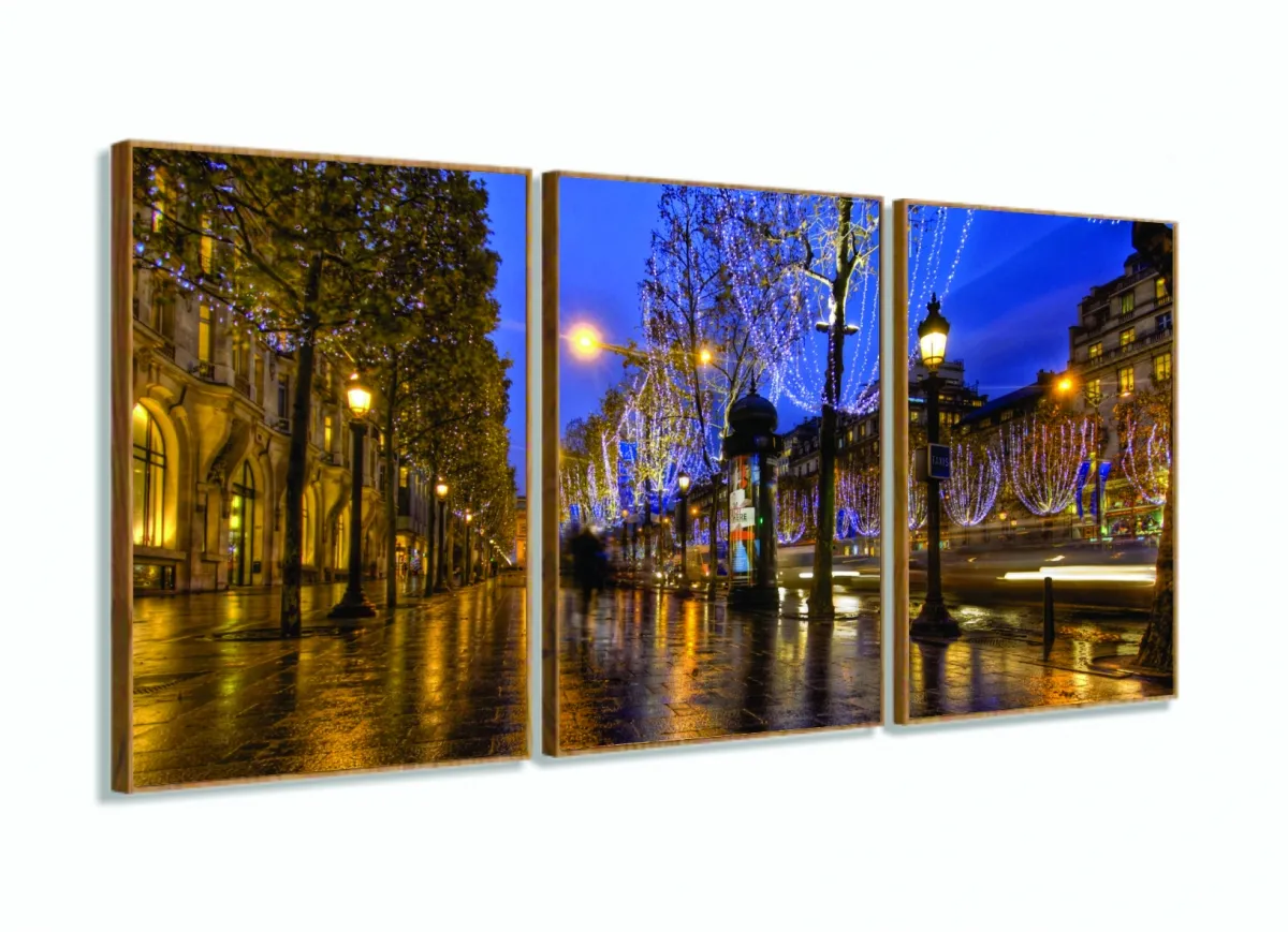 Quadro Paris Paisagem Interiores Sala Em Tecido 3 Peças com moldura filete Imagem