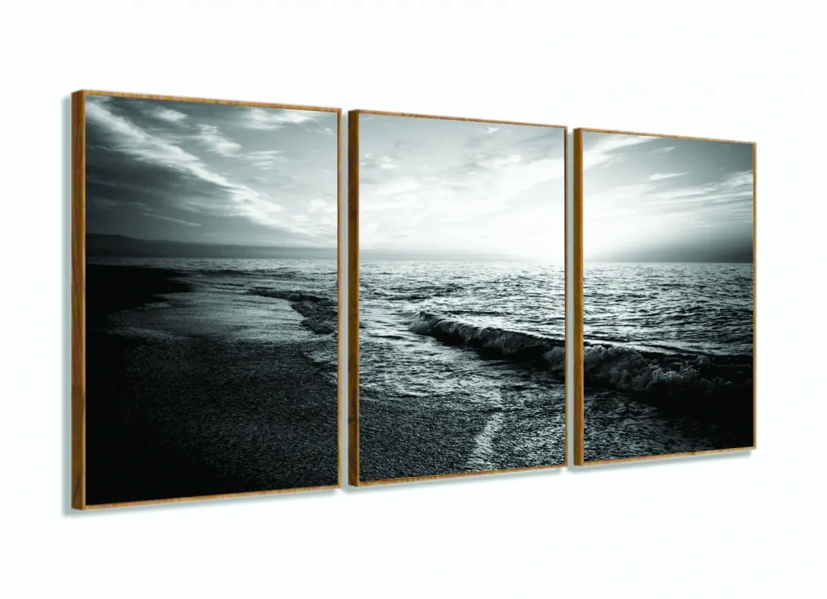 Quadro Praia em Preto e Branco Paisagem Mosaico Sala Quarto 120x60 com moldura filete Imagem