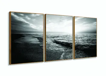 Quadro Praia em Preto e Branco Paisagem Mosaico Sala Quarto 120x60 com moldura filete