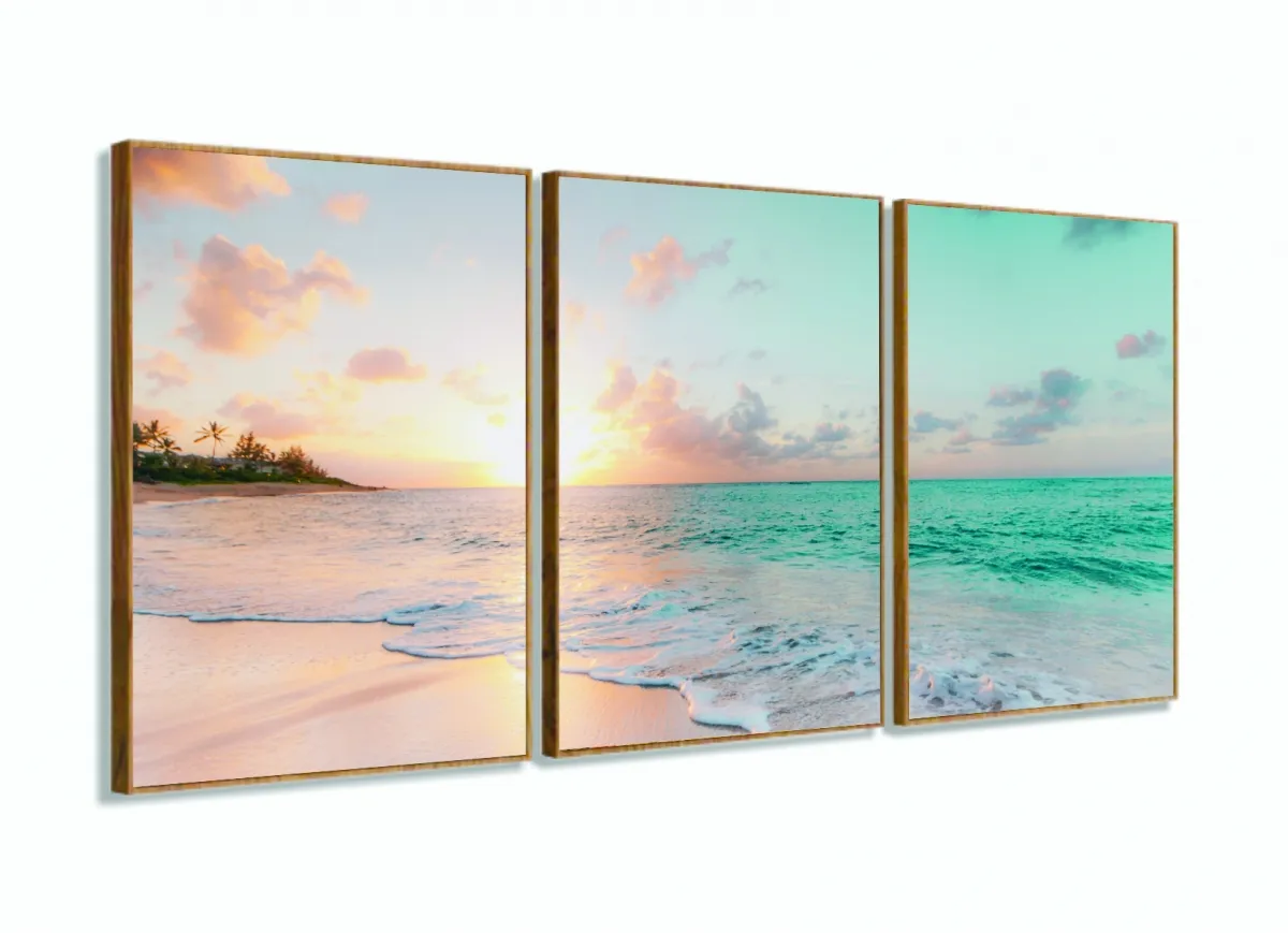 Quadro Praia Mar Paisagem Do Entardecer Sala Recepção 120x60 em tecido 3 peças com moldura filete Imagem