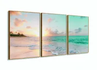 Quadro Praia Mar Paisagem Do Entardecer Sala Recepção 120x60 em tecido 3 peças com moldura filete