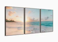 Quadro Praia Mar Paisagem Do Entardecer Sala Recepção 120x60 em tecido 3 peças com moldura filete - Foto 2