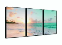 Quadro Praia Mar Paisagem Do Entardecer Sala Recepção 120x60 em tecido 3 peças com moldura filete - Foto 3