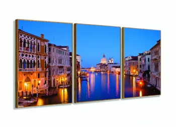 Quadro Veneza Paisagem Sala Escritorio Em Tecido 120x60 3 peças com moldura filete