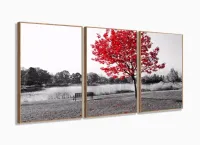 Quadros Decorativos Arvore Vermelho Botanico Sala 120x60 3 peças com moldura filete