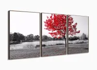 Quadros Decorativos Arvore Vermelho Botanico Sala 120x60 3 peças com moldura filete - Foto 2